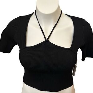 Story On Black Ribbed Women's Crop Top with Tie Neck NWT